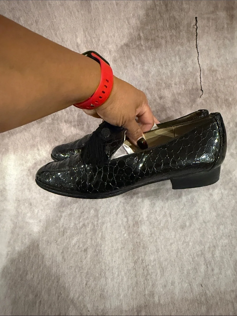 Stuart Weitzman Black Croc-Embossed Tassel Loafers